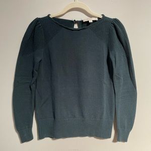 Deep teal/Forrest green knit sweater with puff shoulder and lace detail collar